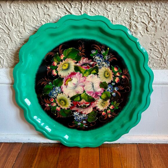 Vintage Zhostovo Russian Tole Tray with Bright Floral & Green Rim 15” - Picture 4 of 15